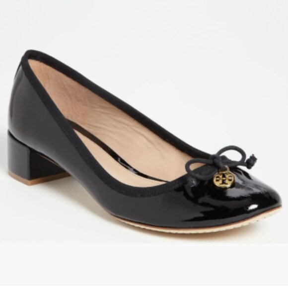 Tory Burch Chelsea Block Heel Ballet Pumps Women Size 8 Black Leather Logo Charm - Picture 1 of 11